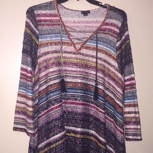 New Directions Multi-Colored Lace Up Top